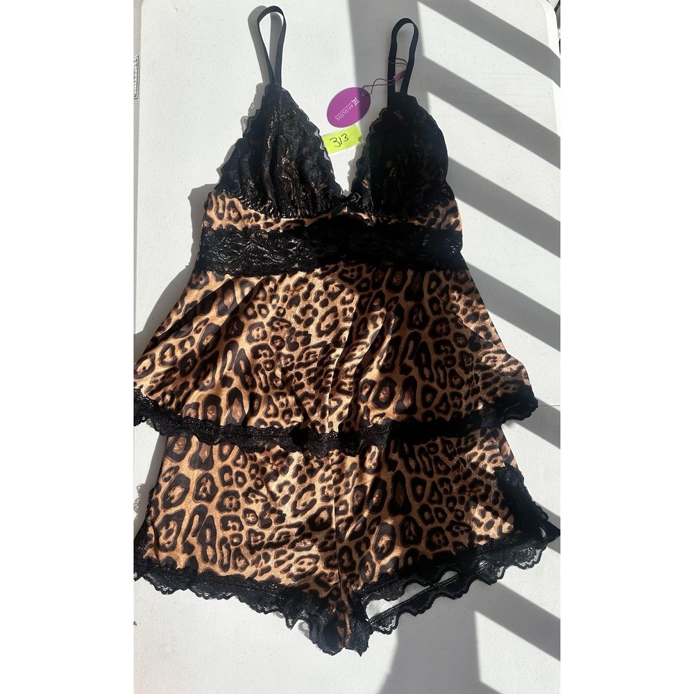 Avidlove Leopard Lace Lingerie Satin Babydoll Chemise Shorts Set Nightie Medium